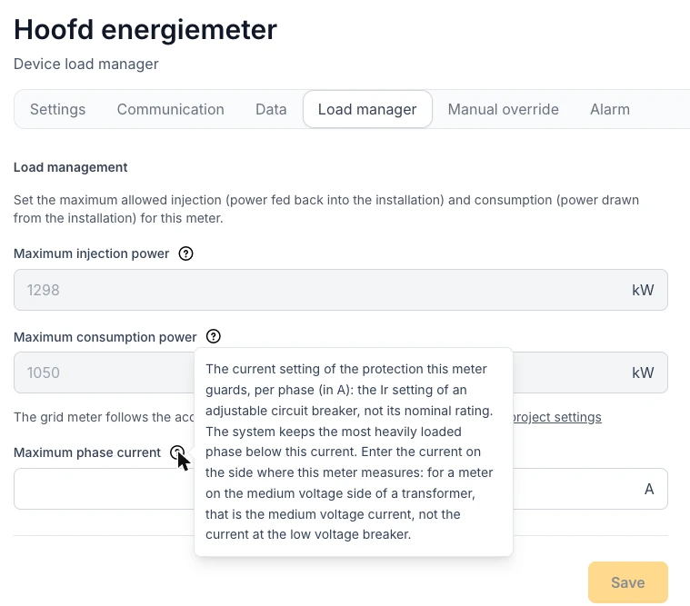 The load manager of the grid meter with the new Maximum phase current field and its tooltip explaining which current to enter.