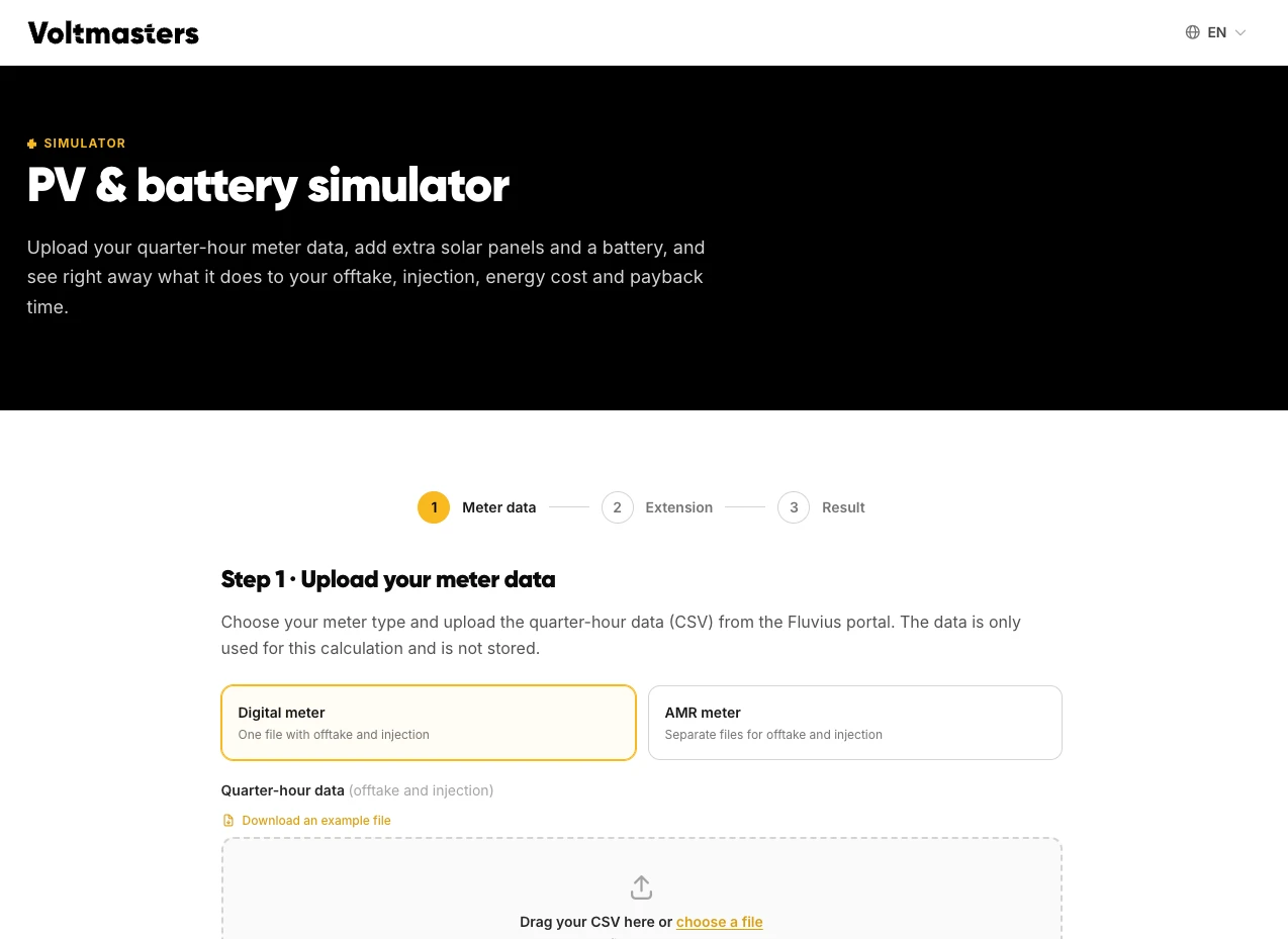 The PV and battery simulator at its first step: choosing between a digital meter and an AMR meter and uploading the quarter-hourly meter data.