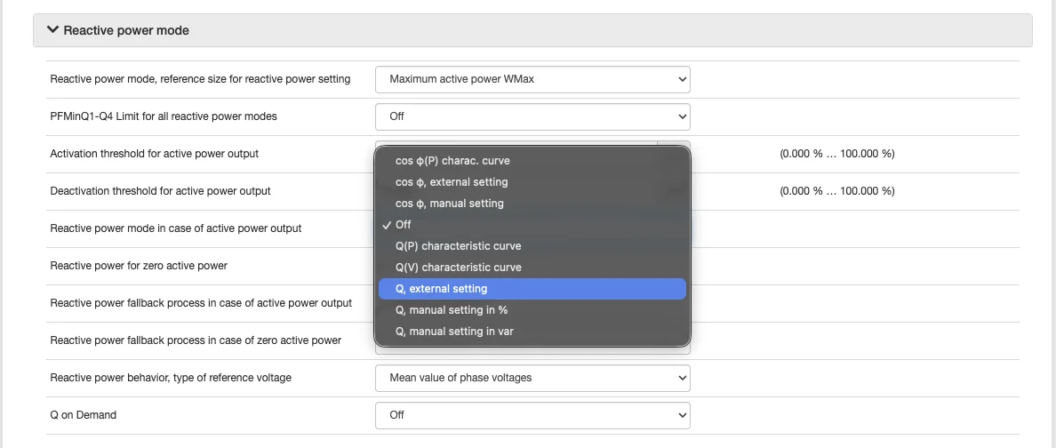 De sectie voor de modus reactief vermogen van SMA met de keuzelijst open en Q, external setting uitgelicht, terwijl Off nog de actieve keuze is.