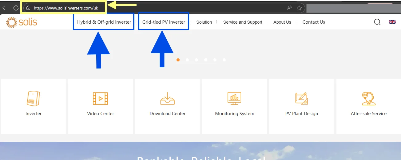 De modellenkeuze op de website van Solis, met de secties voor hybride en netgekoppelde omvormers aangeduid.