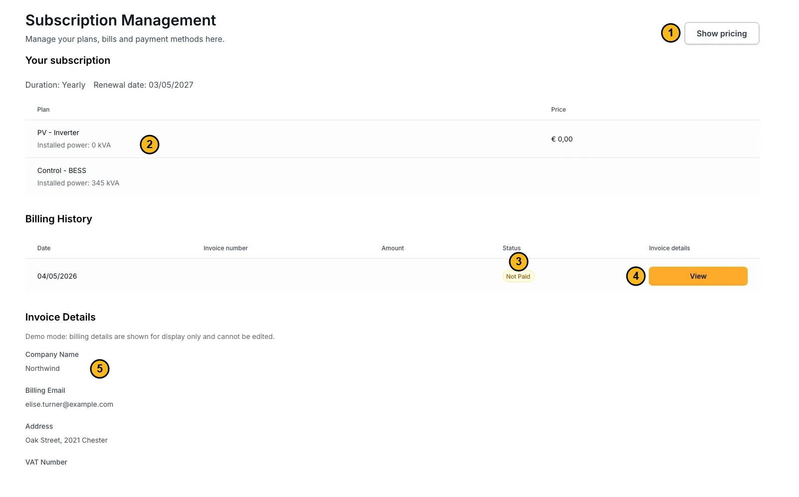 The subscription screen, in English, with five numbered parts. 1: the Show pricing button. 2: the installed power per plan. 3: the status of the invoice. 4: the View button. 5: the invoice details.