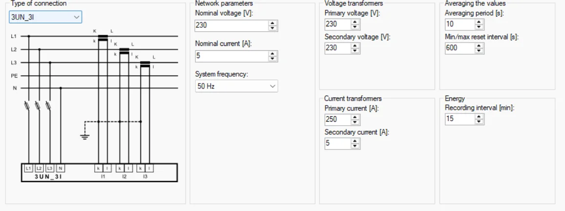 De configuratiesoftware van BMR met het aansluittype 3UN_3I en het bijhorende driefasige aansluitschema, naast de instellingen voor netwerk, transformatorverhouding en gemiddelden.
