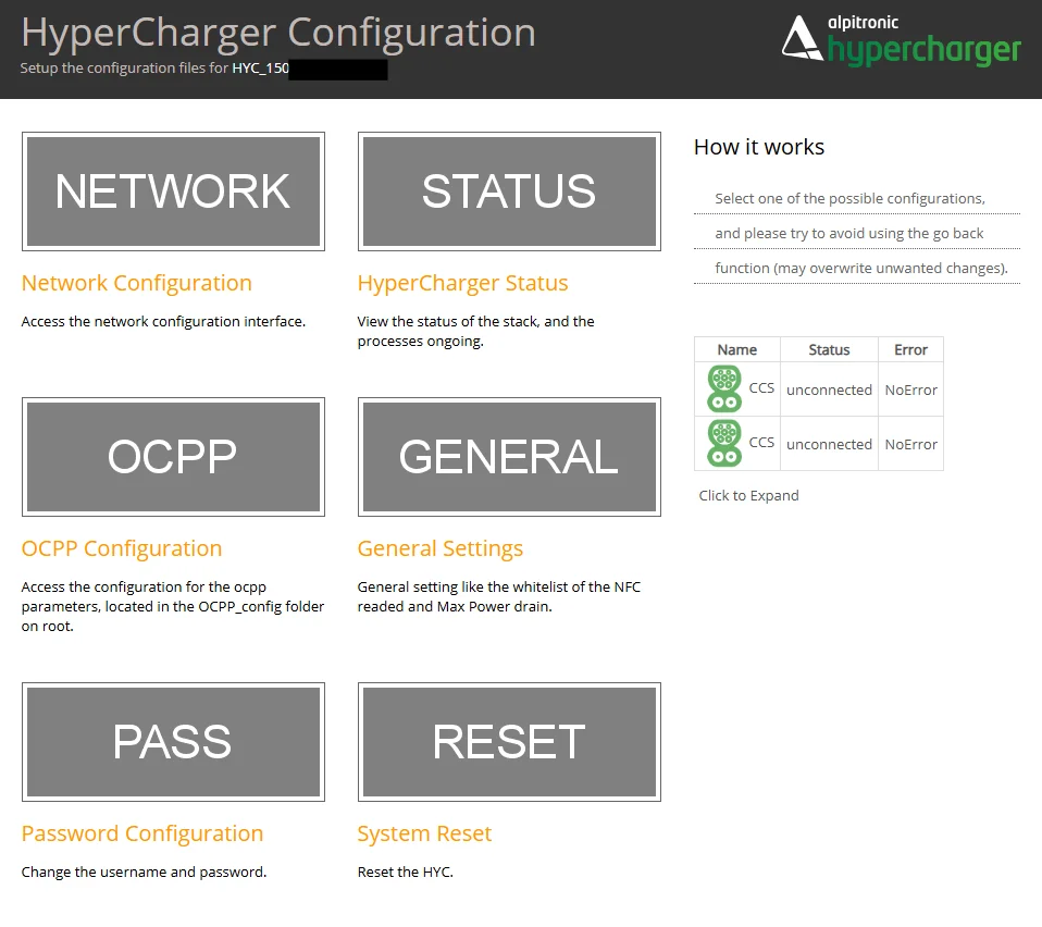 Het configuratiescherm van de Alpitronic HyperCharger met de secties Network, Status, OCPP, General, Password en Reset, en de status van de CCS-connector ernaast.