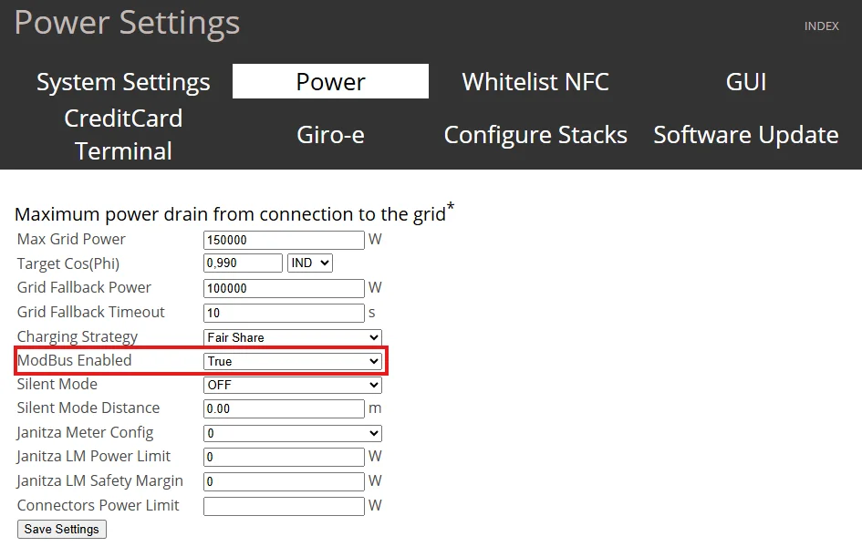 De vermogensinstellingen van Alpitronic met het maximale netvermogen, het terugvalvermogen en de timeout, en ModBus enabled op true.