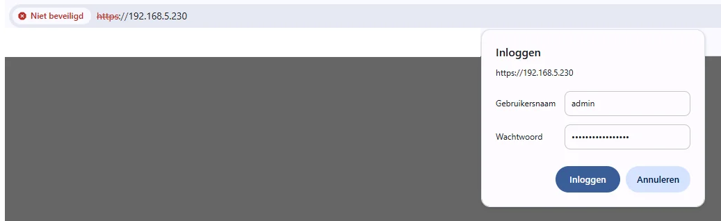 Een aanmeldvenster van de browser voor de webinterface van de laadpaal op zijn IP-adres, met de gebruikersnaam admin ingevuld.
