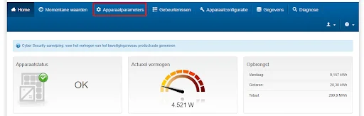 De webinterface van SMA met het tabblad met de apparaatparameters uitgelicht, de toestelstatus, het actuele vermogen op een meter en de opbrengstcijfers.