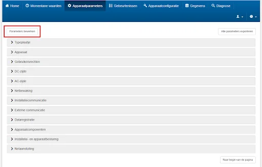De pagina met de apparaatparameters van SMA, in het Nederlands, met de knop om parameters te bewerken uitgelicht boven de dichtgeklapte parametergroepen.