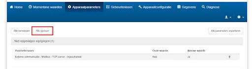 Het tabblad met de apparaatparameters van SMA, in het Nederlands, met één niet-bewaarde wijziging die de Modbus TCP-server aanzet, en de knop Save All uitgelicht.