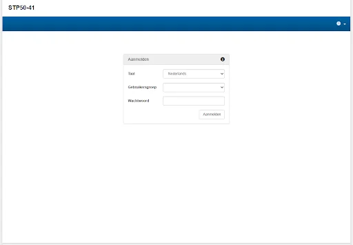 De aanmeldpagina van de webinterface van de SMA STP50-41, in het Nederlands, met de velden voor taal, gebruikersgroep en wachtwoord.