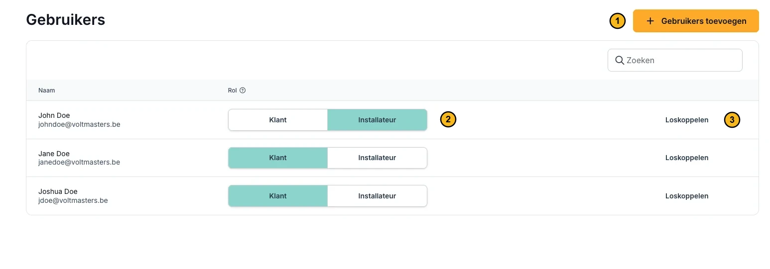 The Users screen with three numbered parts. 1: Add users. 2: the Customer or Installer switch in the Role column. 3: Disconnect.
