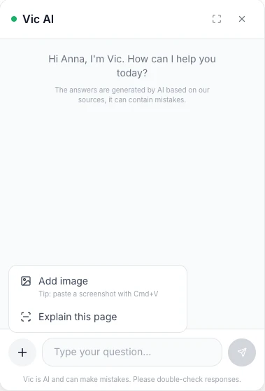 Voltmasters EMS : la fenêtre de Vic AI avec le menu du bouton plus ouvert, montrant Ajouter une image avec l’astuce pour coller, et Expliquer cette page