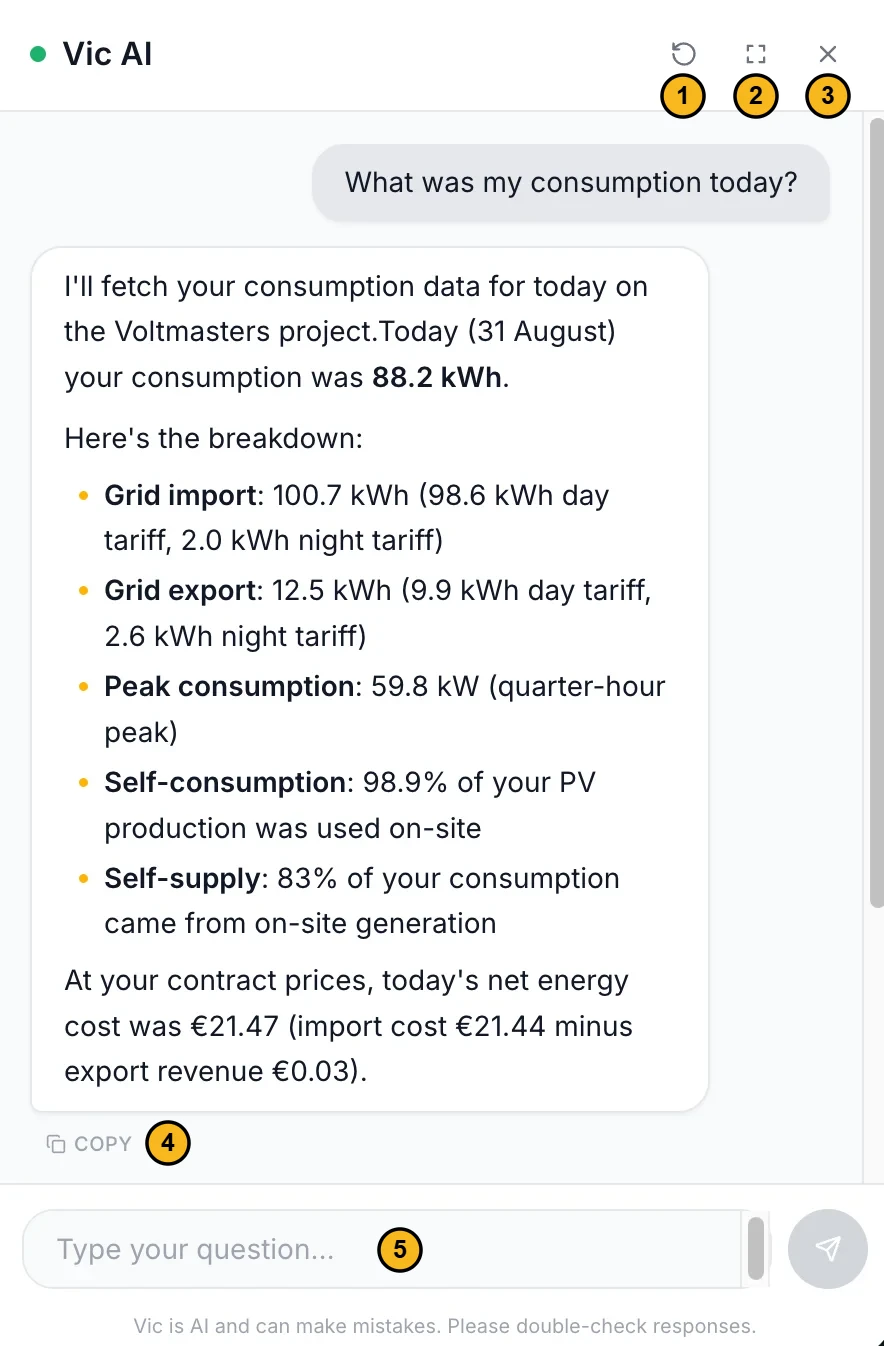 The Vic AI chat window in the web portal with five numbered parts. 1: the new conversation button. 2: fullscreen. 3: close. 4: Copy under an answer. 5: the question field Type your question. 6: the notice that Vic can make mistakes. The answer is about today’s consumption.