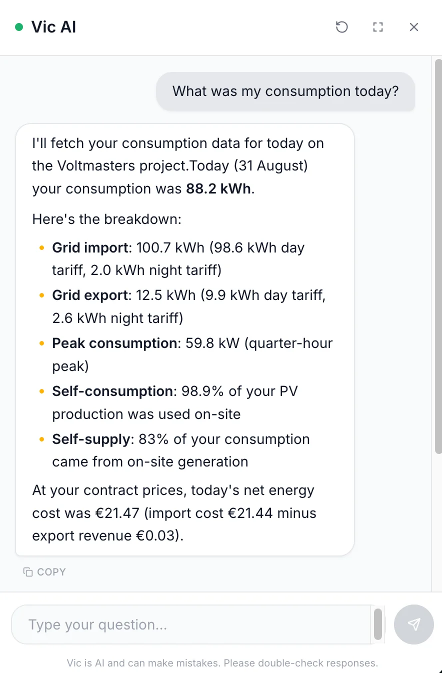 Voltmasters EMS: het chatvenster van Vic AI in het webportaal, met een antwoord op een vraag over het verbruik van vandaag