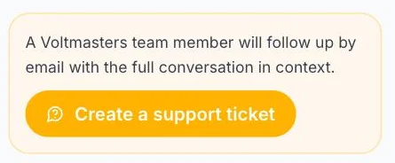 Voltmasters EMS: Vic wijst naar de knop voor een supportticket onder zijn antwoord, met de knop eronder