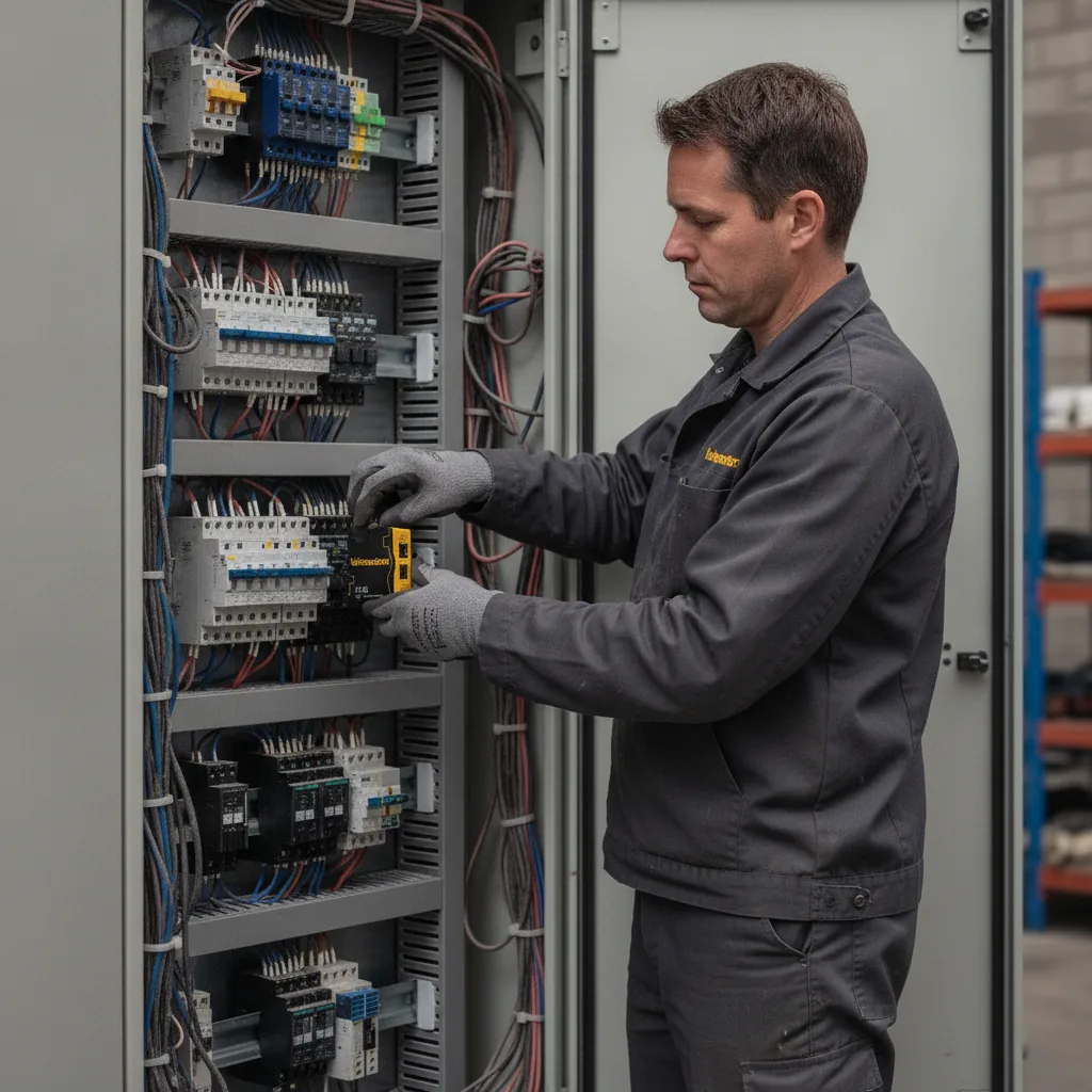 Installer mounting the Voltmaster Controller in an electrical cabinet
