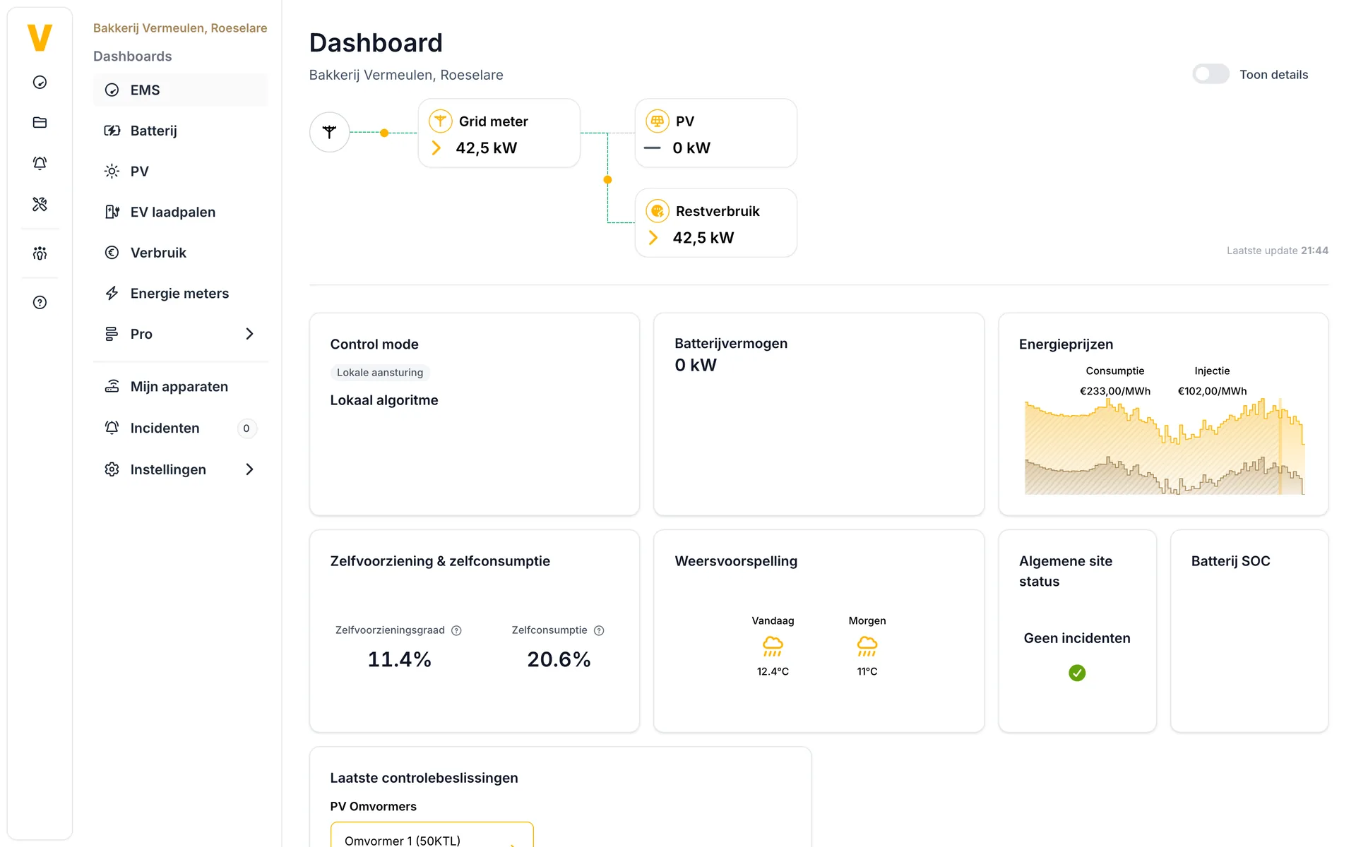 Die Voltmasters-Webplattform mit Echtzeit-Dashboards einer Anlage