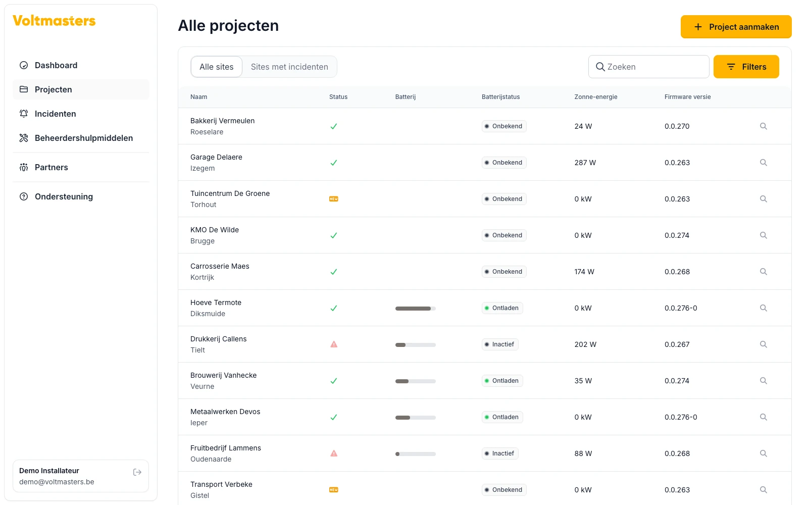 Het projectenoverzicht in het Voltmasters-platform met status, batterijniveau en zonneproductie per site